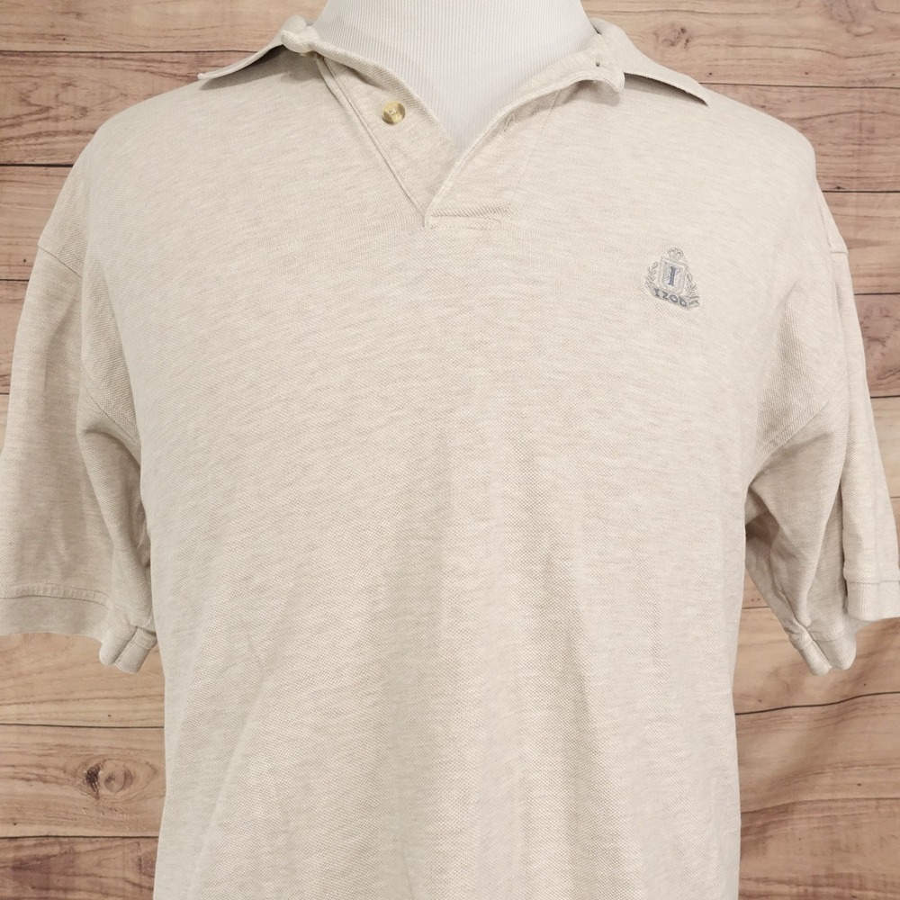 IZOD Polo Shirt Mens L Beige 100% Cotton Solid Knit Short Sleeve Casual Logo